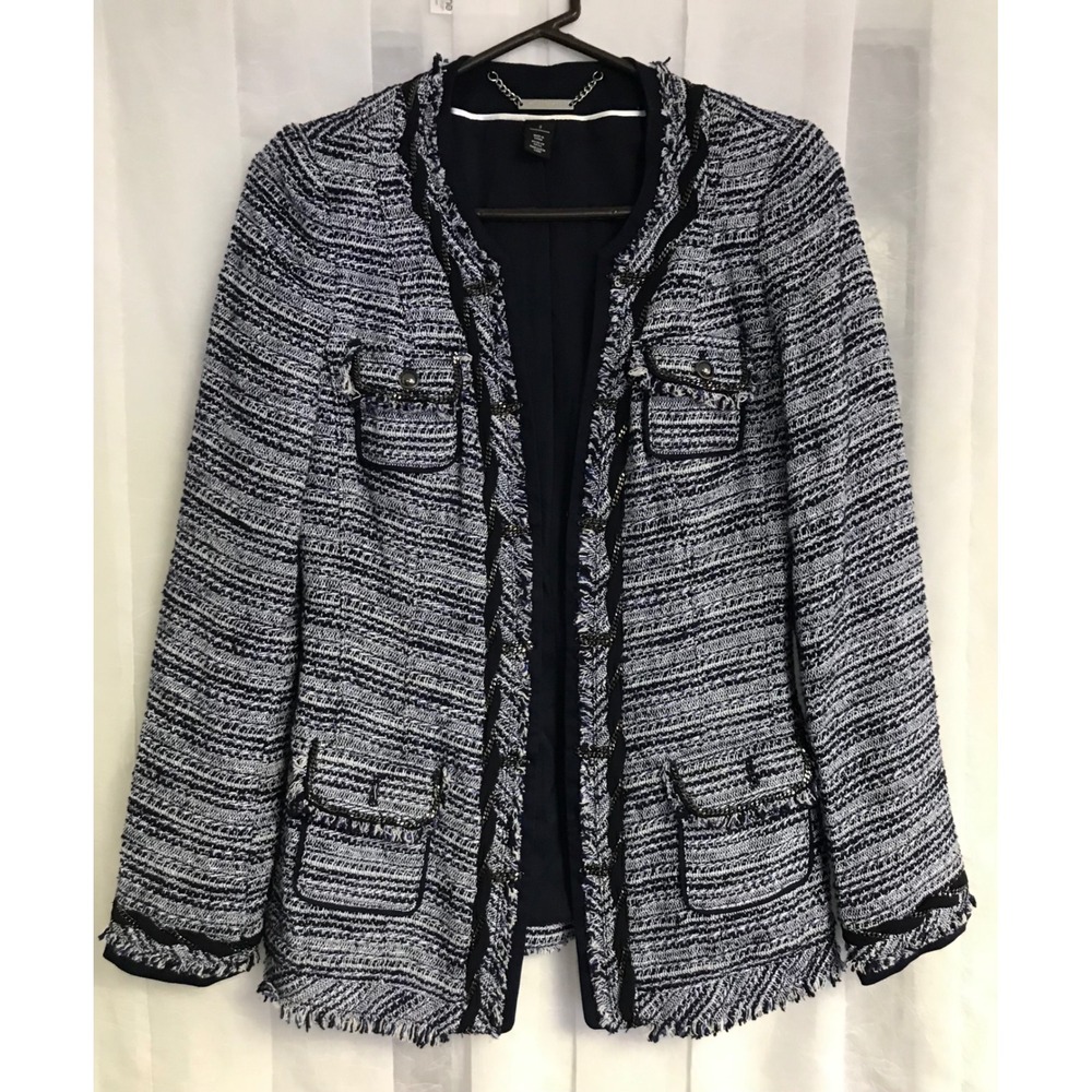 White House Black Market Navy White Tweed Chain Trim Fringe Jacket Size 2